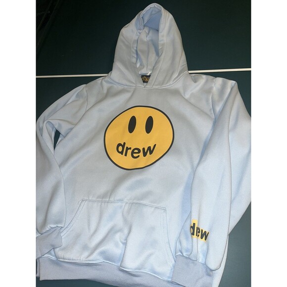 Drew House Hoodie LARGE Light Blue Sweatshirt Justin Bieber Smiley Music Cotton - Picture 2 of 8